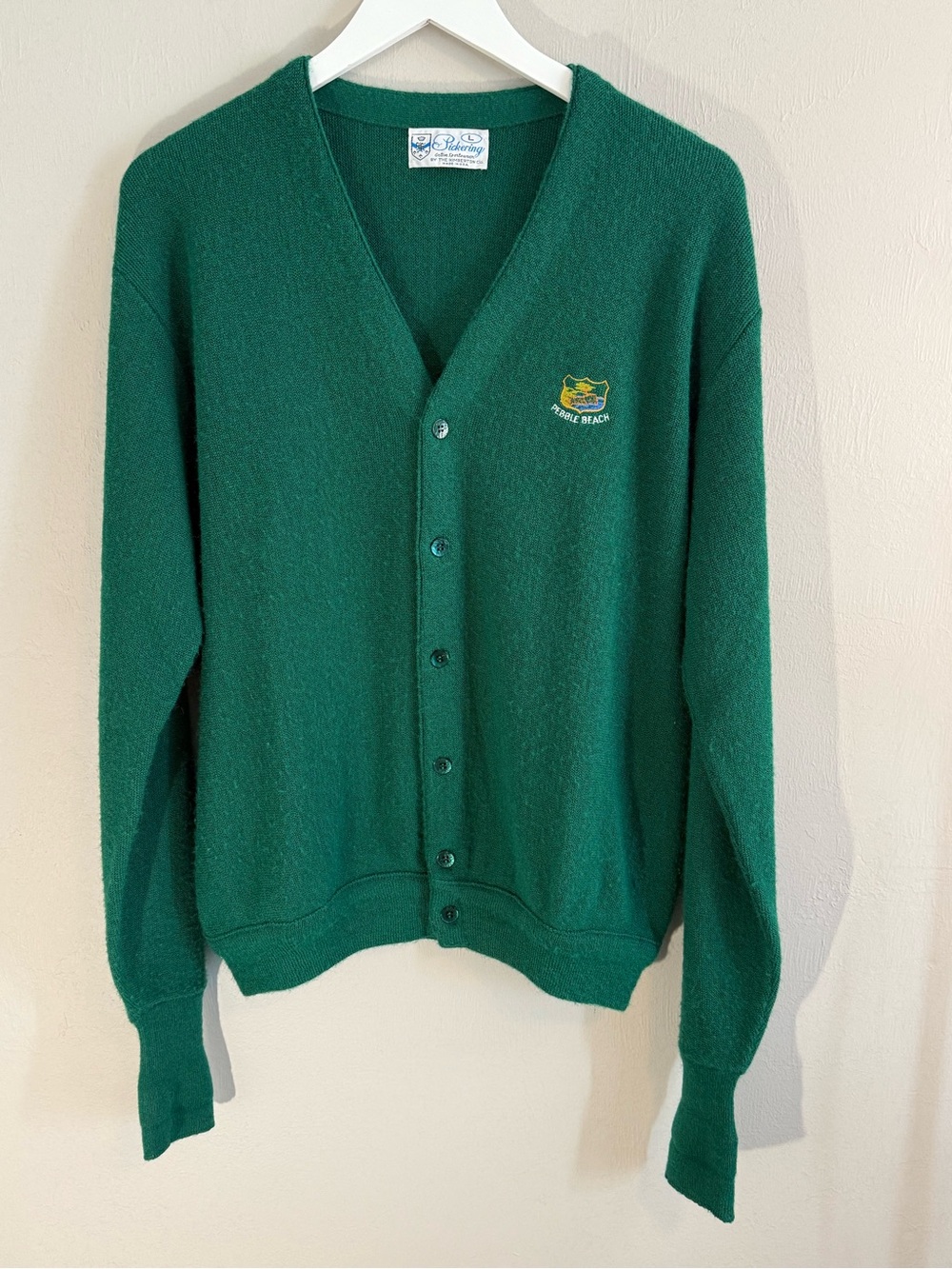 Vintage 1970s PICKERING MEN’S Green Golf Cardigan PEBBLE BEACH Logo USA Size L.